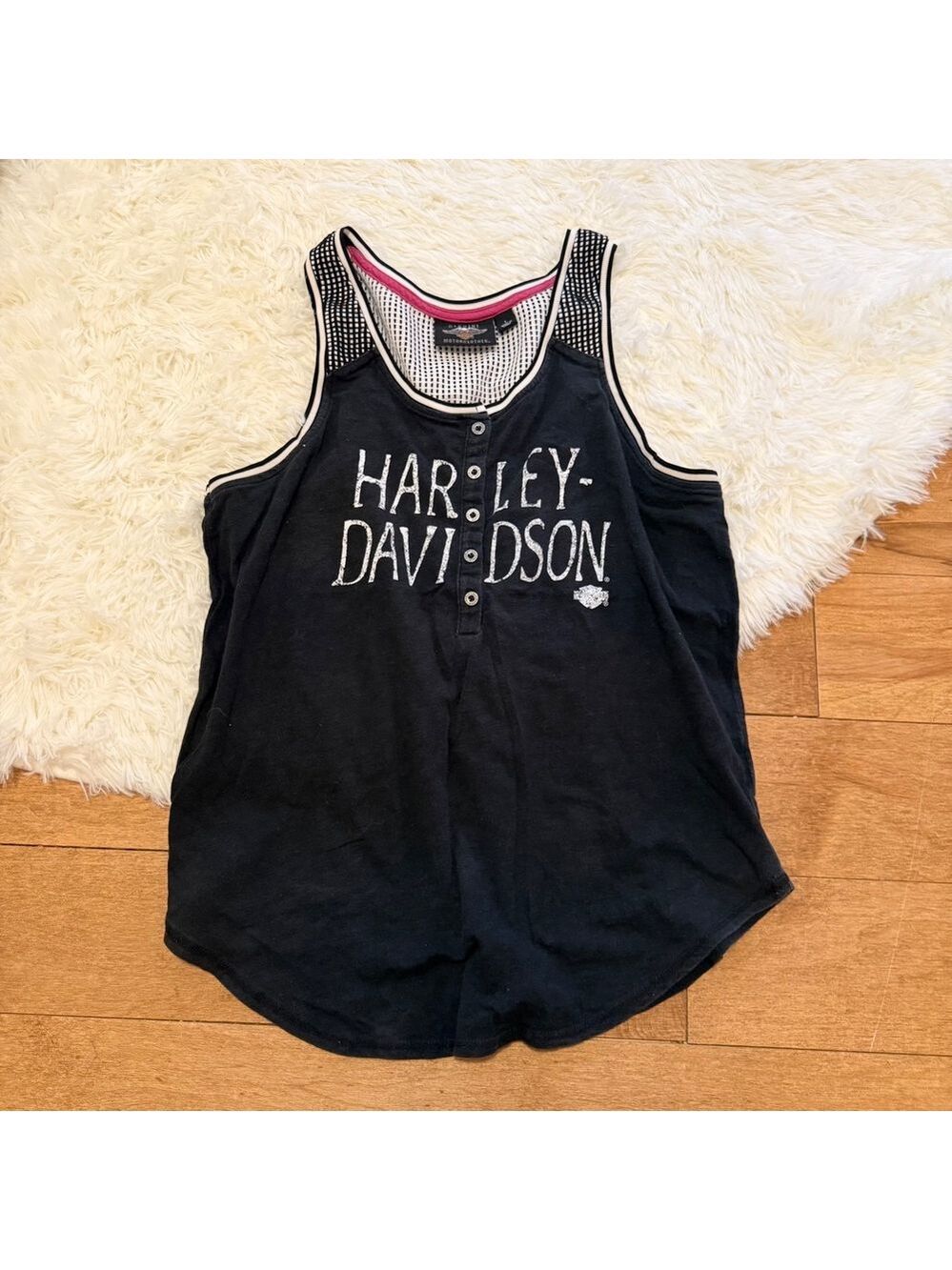 Harley Davidson Mesh Henley Tank Top Womens Large Black Biker Core 96143-18VW - Picture 5 of 6